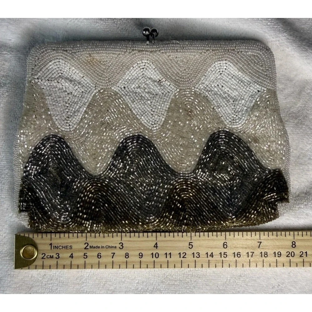Vintage Prom Beaded Clutch Purse Wavy‎ Pattern Metallic Shimmer Glass Seed Beads